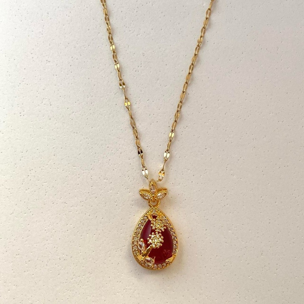 18K Gold Plated Red Crystal Flower Pendant Necklace for Women